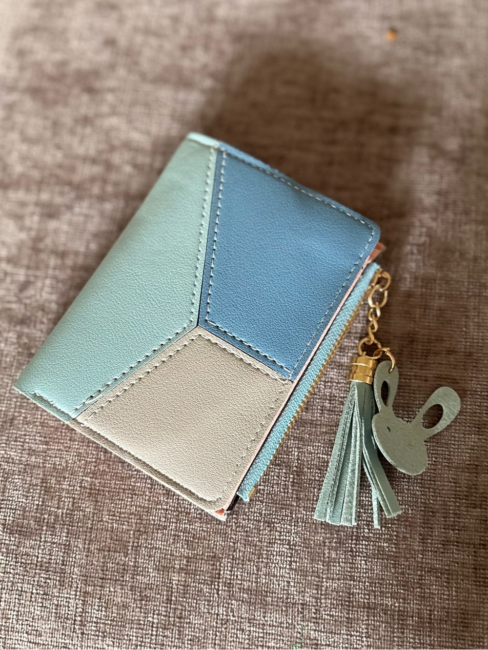 Compact Tricolor Faux Leather Wallet with Tassel Charm - Blue/Green/Cream